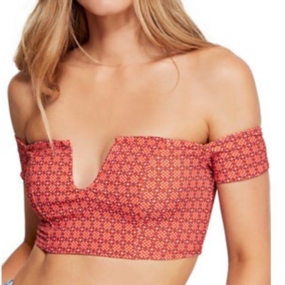 Free People Sz S Lucky Now Brami Off the Shoulder Notched Crop Top Boho Festival